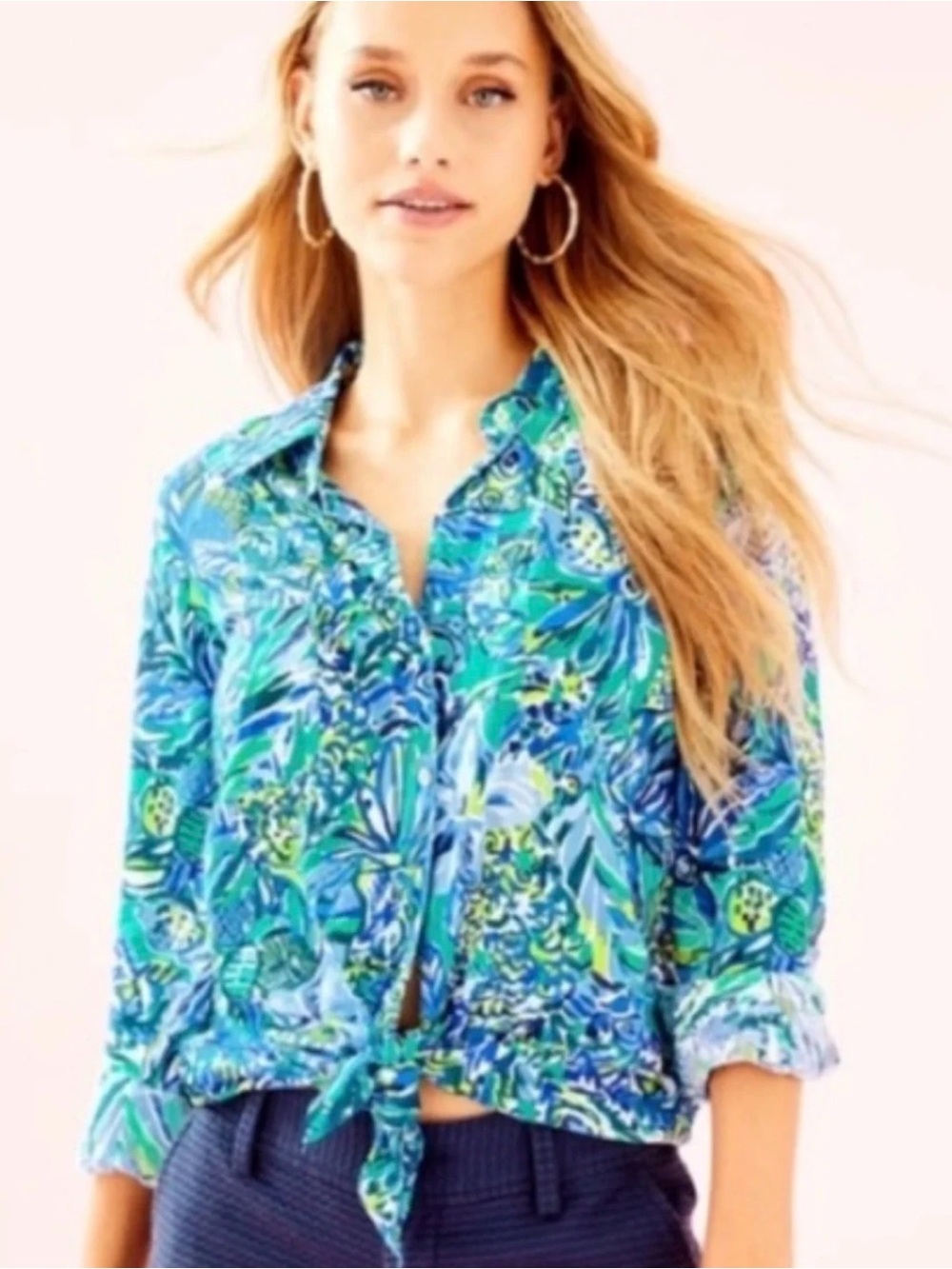 Lilly Pulitzer Sea View Rayon Long Sleeve Button Down Shirt
